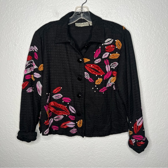 Pushpa Womens Long Sleeve Cotton Jacket Top Small Black Valentines Lipstick - Picture 1 of 9